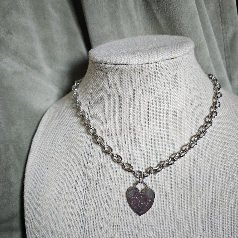y2k McBling Preppy Alt Emo Goth Silver Chunky  Chain Heart Pendant Necklace